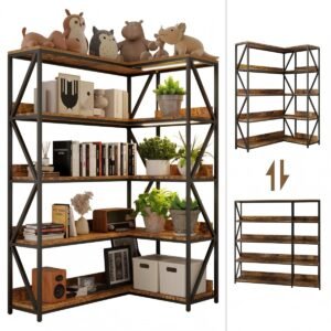 Large Farmhouse Style 5 Tiers Corner Bookshelf with Grow Light, Extra Wide Plant Stand & Bookcase for Home Office 、Craft Space、Living Room, Rustic Wooden Corner Shelf for Indoor Plants
