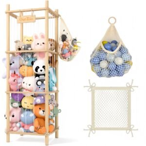 Stuffed Animal Storage or Organizer, Wooden Zoo Cage Toy Holder with Plush Hammock and Net Bottom for Toddlers Playroom, Bedroom