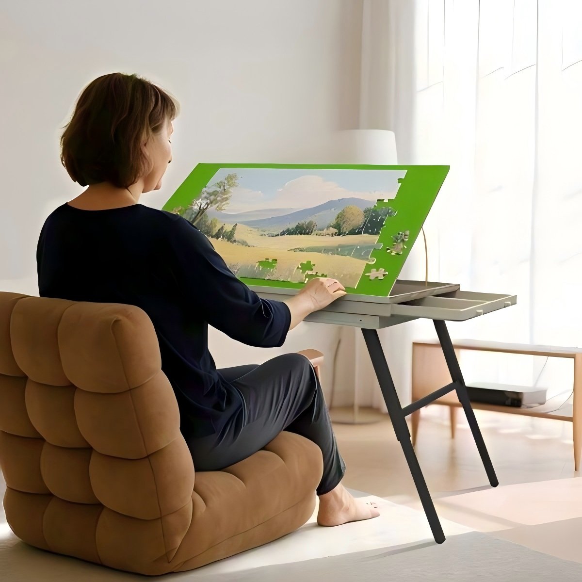 Large Puzzle Board & Puzzle Table with Folding Legs and Drawers 36″ × 26″ Tilt Tabletop for 1500 Piece Puzzle Board, Portable Ergonomic Puzzle Table for Family Bonding & Cognitive Therapy - Image 8