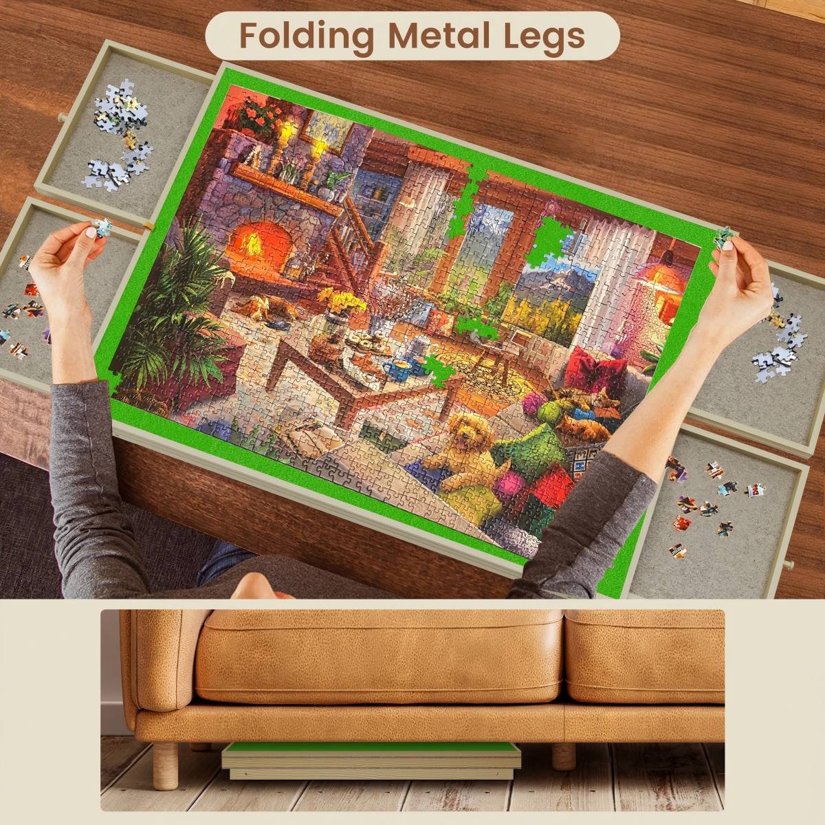 Large Puzzle Board & Puzzle Table with Folding Legs and Drawers 36″ × 26″ Tilt Tabletop for 1500 Piece Puzzle Board, Portable Ergonomic Puzzle Table for Family Bonding & Cognitive Therapy - Image 7