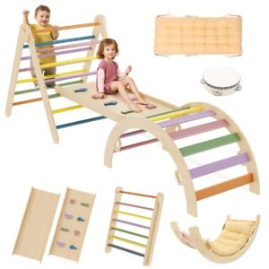 Pikler Triangle Set 7-in-1 Foldable Toddler Climbing Toys Indoor Jungle Gym with Ramp & Arch, Montessori Wooden Play Gym Climbing Frame for Toddlers 1-6 Years
